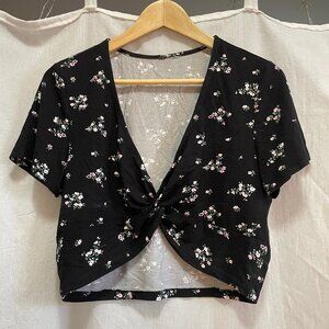 Black Floral Twist Front Top